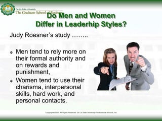 Do Men and Women
Differ in Leaderhip Styles?
Judy Roesner’s study ……..
Men tend to rely more on
their formal authority and...