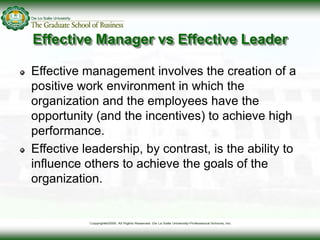 Effective Manager vs Effective Leader
Effective management involves the creation of a
positive work environment in which t...
