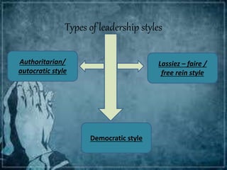 Types of leadership styles
Authoritarian/
autocratic style
Lassiez – faire /
free rein style
Democratic style
 