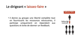 Le dirigeant « laissez-faire »
• il donne au groupe une liberté complète tout
en fournissant les ressources nécessaires, il
participe uniquement en répondant aux
questions et évite de donner un feedback.
 