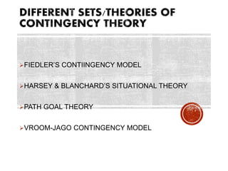 FIEDLER’S CONTIINGENCY MODEL
HARSEY & BLANCHARD’S SITUATIONAL THEORY
PATH GOAL THEORY
VROOM-JAGO CONTINGENCY MODEL
 
