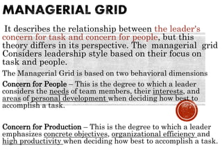It describes the relationship between the leader's
concern for task and concern for people, but this
theory differs in its perspective. The managerial grid
Considers leadership style based on their focus on
task and people.
The Managerial Grid is based on two behavioral dimensions
Concern for People – This is the degree to which a leader
considers the needs of team members, their interests, and
areas of personal development when deciding how best to
accomplish a task.
Concern for Production – This is the degree to which a leader
emphasizes concrete objectives, organizational efficiency and
high productivity when deciding how best to accomplish a task.
 