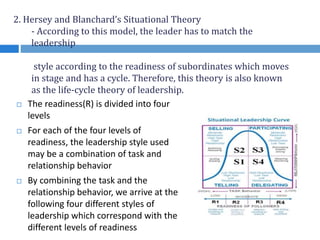 2. Hersey and Blanchard’s Situational Theory
- According to this model, the leader has to match the
leadership
style according to the readiness of subordinates which moves
in stage and has a cycle. Therefore, this theory is also known
as the life-cycle theory of leadership.
 The readiness(R) is divided into four
levels
 For each of the four levels of
readiness, the leadership style used
may be a combination of task and
relationship behavior
 By combining the task and the
relationship behavior, we arrive at the
following four different styles of
leadership which correspond with the
different levels of readiness
 