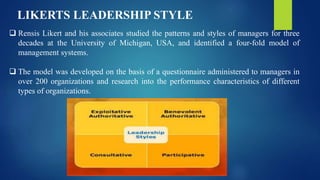  Rensis Likert and his associates studied the patterns and styles of managers for three
decades at the University of Michigan, USA, and identified a four-fold model of
management systems.
 The model was developed on the basis of a questionnaire administered to managers in
over 200 organizations and research into the performance characteristics of different
types of organizations.
LIKERTS LEADERSHIP STYLE
 