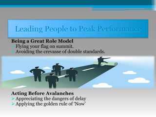 Being a Great Role Model
Flying your flag on summit.
Avoiding the crevasse of double standards.
Acting Before Avalanches
Appreciating the dangers of delay
Applying the golden rule of ‘Now’
 