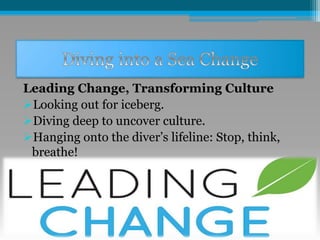 Leading Change, Transforming Culture
Looking out for iceberg.
Diving deep to uncover culture.
Hanging onto the diver’s lifeline: Stop, think,
breathe!
 