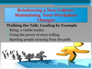 Walking the Talk: Leading by Example
Being a visible leader.
Using the power of story-telling.
Spotting people straying from the path.
 