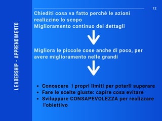 Chiediti cosa va fatto perchè le azioni
realizzino lo scopo
Miglioramento continuo dei dettagli
12
Conoscere  i propri limiti per poterli superare
Fare le scelte giuste: capire cosa evitare
Sviluppare CONSAPEVOLEZZA per realizzare 
l'obiettivo
Migliora le piccole cose anche di poco, per
avere miglioramento nelle grandi
LEADERSHIP-APPRENDIMENTO
 