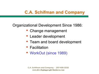 C.A. Schifman and Company
Organizational Development Since 1986:
 Change management
 Leader development
 Team and board development
 Facilitation
 WorkOut (since 1989)

C.A. Schifman and Company - 207-408-3550
www.developingpeople-business.com

 