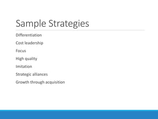Sample Strategies
Differentiation
Cost leadership
Focus
High quality
Imitation
Strategic alliances
Growth through acquisition
 