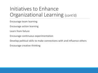 Initiatives to Enhance
Organizational Learning (cont’d)
Encourage team learning
Encourage action learning
Learn from failure
Encourage continuous experimentation
Develop political skills to make connections with and influence others
Encourage creative thinking
 