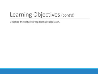 Learning Objectives (cont’d)
Describe the nature of leadership succession.
 