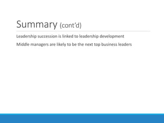 Summary (cont’d)
Leadership succession is linked to leadership development
Middle managers are likely to be the next top business leaders
 