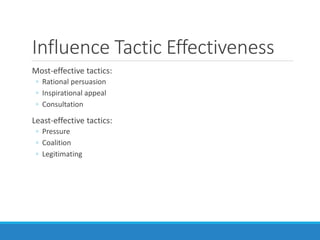 Influence Tactic Effectiveness
Most-effective tactics:
◦ Rational persuasion
◦ Inspirational appeal
◦ Consultation
Least-effective tactics:
◦ Pressure
◦ Coalition
◦ Legitimating
 
