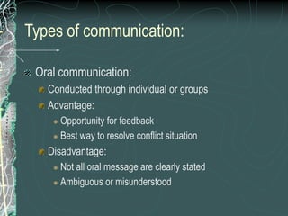Types of communication:
Oral communication:
Conducted through individual or groups
Advantage:
 Opportunity for feedback
 Best way to resolve conflict situation
Disadvantage:
 Not all oral message are clearly stated
 Ambiguous or misunderstood
 