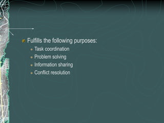Fulfills the following purposes:
 Task coordination
 Problem solving
 Information sharing
 Conflict resolution
 