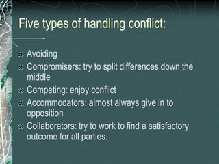 Five types of handling conflict:
Avoiding
Compromisers: try to split differences down the
middle
Competing: enjoy conflict
Accommodators: almost always give in to
opposition
Collaborators: try to work to find a satisfactory
outcome for all parties.
 