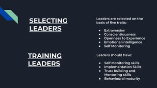 SELECTING
LEADERS
Leaders are selected on the
basis of five traits:
● Extraversion
● Conscientiousness
● Openness to Experience
● Emotional intelligence
● Self Monitoring
TRAINING
LEADERS
Leaders should have:
● Self Monitoring skills
● Implementation Skills
● Trust building and
Mentoring skills
● Behavioural maturity
 
