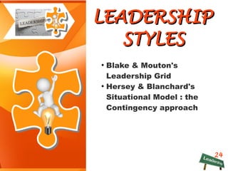 24
LEADERSHIPLEADERSHIP
STYLESSTYLES
●
Blake & Mouton's
Leadership Grid
●
Hersey & Blanchard's
Situational Model : the
Contingency approach
 