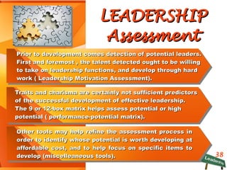 38
LEADERSHIPLEADERSHIP
AssessmentAssessment
Prior to development comes detection of potential leaders.Prior to development comes detection of potential leaders.
First and foremost , the talent detected ought to be willingFirst and foremost , the talent detected ought to be willing
to take on leadership functions, and develop through hardto take on leadership functions, and develop through hard
work ( Leadership Motivation Assessment).work ( Leadership Motivation Assessment).
Other tools may help refine the assessment process inOther tools may help refine the assessment process in
order to identify whose potential is worth developing atorder to identify whose potential is worth developing at
affordable cost, and to help focus on specific items toaffordable cost, and to help focus on specific items to
develop (miscelleaneous tools).develop (miscelleaneous tools).
Traits and charisma are certainly not sufficient predictorsTraits and charisma are certainly not sufficient predictors
of the successful development of effective leadership.of the successful development of effective leadership.
The 9 or 12-box matrix helps assess potential or highThe 9 or 12-box matrix helps assess potential or high
potential ( performance-potential matrix).potential ( performance-potential matrix).
 