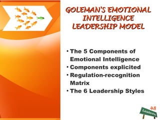 48
GOLEMAN'S EMOTIONALGOLEMAN'S EMOTIONAL
INTELLIGENCEINTELLIGENCE
LEADERSHIP MODELLEADERSHIP MODEL
●
The 5 Components of
Emotional Intelligence
●
Components explicited
●
Regulation-recognition
Matrix
●
The 6 Leadership Styles
 