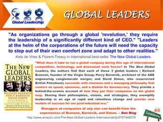 66
GLOBAL LEADERSGLOBAL LEADERS
"As organizations go through a global 'revolution,' they require
the leadership of a significantly different kind of CEO." "Leaders
at the helm of the corporations of the future will need the capacity
to step out of their own comfort zone and adapt to other realities."
Kets de Vries & Florent-Treacy in international best-seller The New Global Leaders.
Global LeadershipGlobal Leadership
''What does it take to run a global company during this age of international
competition, technology, and downsized work forces? In The New Global
Leaders, the authors find that each of these 3 global leaders ( Richard
Branson, founder of the Virgin Group; Percy Barnevik, architect of the ABB
engineering conglomerate merger; and David Simon, who resurrected
British Petroleum) succeeds with charisma and a managing philosophy that
centers on speed, openness, and a disdain for bureaucracy. They provide a
behind-the-scenes account of how they put their companies on the global
map. Sharing their philosophies, visions, and strategies, they exemplify
leadership in an age of rapid and relentless change and provide new
models of success for our post-industrial era.''
http://www.amazon.com/The-New-Global-Leaders-International/dp/0787946575
Managers at companies of any size can benefit from the
experiences of Branson, Barnevik, and Simon. – Dan Ring
 