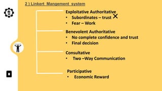 2 ) Linkert Mangement system
Exploitative Authoritative
• Subordinates – trust
• Fear – Work
Benevolent Authoritative
• No complete confidence and trust
• Final decision
Consultative
• Two –Way Communication
Participative
• Economic Reward
 