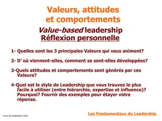 Cours de Leadership G.Zara
Valeurs, attitudes
et comportements
Value-based leadership
Réflexion personnelle
1- Quelles sont les 3 principales Valeurs qui vous animent?
2- D’où viennent-elles, comment se sont-elles développées?
3-Quels attitudes et comportements sont générés par ces
Valeurs?
4-Quel est le style de Leadership que vous trouvez le plus
facile à utiliser (entre hiérarchie, expertise et influence)?
Pourquoi? Fournir des exemples pour étayer votre
réponse.
Les Fondamentaux du Leadership
 