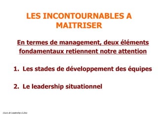 Cours de Leadership G.Zara
LES INCONTOURNABLES A
MAITRISER
En termes de management, deux éléments
fondamentaux retiennent notre attention
1. Les stades de développement des équipes
2. Le leadership situationnel
 