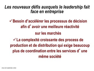 Cours de Leadership G.Zara
Les nouveaux défis auxquels le leadership fait
face en entreprise
Besoin d’accélérer les processus de décision
afin d’avoir une meilleure réactivité
sur les marchés
La complexité croissante des process de
production et de distribution qui exige beaucoup
plus de coordination entre les services d’une
même société
 