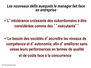 Cours de Leadership G.Zara
Les nouveaux défis auxquels le manager fait face
en entreprise
L’intolérance croissante des subordonnées à être
considérées comme des ’’exécutants’’
Le besoin des sociétés d’accroître les niveaux de
compétence et d’autonomie, afin d’améliorer sans
cesse leurs performances en termes de qualité
et de coûts face à la concurrence
 