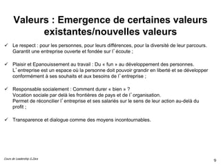 Cours de Leadership G.Zara
Valeurs : Emergence de certaines valeurs
existantes/nouvelles valeurs
 Le respect : pour les personnes, pour leurs différences, pour la diversité de leur parcours.
Garantit une entreprise ouverte et fondée sur l’écoute ;
 Plaisir et Epanouissement au travail : Du « fun » au développement des personnes.
L’entreprise est un espace où la personne doit pouvoir grandir en liberté et se développer
conformément à ses souhaits et aux besoins de l’entreprise ;
 Responsable socialement : Comment durer « bien » ?
Vocation sociale par delà les frontières de pays et de l’organisation.
Permet de réconcilier l’entreprise et ses salariés sur le sens de leur action au-delà du
profit ;
 Transparence et dialogue comme des moyens incontournables.
9
 