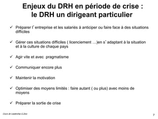 Cours de Leadership G.Zara
Enjeux du DRH en période de crise :
le DRH un dirigeant particulier
 Préparer l’entreprise et ...