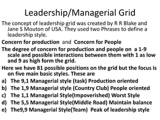 Leadership/Managerial Grid
The concept of leadership grid was created by R R Blake and
Jane S Mouton of USA. They used two Phrases to define a
leadership style.
Concern for production and Concern for People
The degree of concern for production and people on a 1-9
scale and possible interactions between them with 1 as low
and 9 as high form the grid.
Here we have 81 possible positions on the grid but the focus is
on five main basic styles. These are
a) The 9,1 Managerial style (task) Production oriented
b) The 1,9 Managerial style (Country Club) People oriented
c) The 1,1 Managerial Style(Impoverished) Worst Style
d) The 5,5 Managerial Style(Middle Road) Maintain balance
e) The9,9 Managerial Style(Team) Peak of leadership style
 