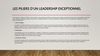 LES PILIERS D'UN LEADERSHIP EXCEPTIONNEL
Le concept du “Leader à 5 Étoiles” met en lumière cinq qualités essentielles qui distinguent les leaders exceptionnels des autres. Ces qualités, lorsqu’elles
sont cultivées et intégrées, peuvent transformer un leader ordinaire en une figure inspirante et influente. Voici une exploration détaillée de ces cinq
piliers du leadership :
• a. Vision Partagée
• Un leader à 5 étoiles possède une vision claire de l’avenir, mais ce qui est encore plus important, c’est sa capacité à partager cette vision avec son
équipe. Il s’agit de créer un sentiment d’appartenance, où chaque membre de l’équipe comprend et s’aligne sur les objectifs communs. Cette vision
partagée sert de boussole, guidant l’équipe vers un avenir souhaité.
• b. Exemplarité
• L’exemplarité est au cœur du leadership. Les leaders à 5 étoiles sont conscients qu’ils sont constamment observés par leur équipe. Ils agissent donc
comme des modèles, incarnant les valeurs, les principes et les comportements qu’ils souhaitent voir chez leurs collaborateurs. En étant exemplaires,
ils gagnent le respect et la confiance de leur équipe.
• c. Succès dans l'Action
• Un leader exceptionnel ne se contente pas de parler; il agit et obtient des résultats. Il est orienté vers l’action, prend des initiatives et s’assure que les
tâches sont menées à bien. Mais plus que cela, il célèbre les succès, reconnaît les efforts de l’équipe et apprend des échecs pour s’améliorer
continuellement.
 