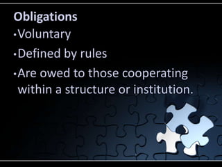 Obligations
• Voluntary

• Defined by rules

• Are owed to those cooperating
  within a structure or institution.
 