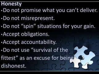 Honesty
• Do not promise what you can’t deliver.
• Do not misrepresent.
• Do not “spin” situations for your gain.
• Accept obligations.
• Accept accountability.
• Do not use “survival of the
fittest” as an excuse for being
dishonest.
 
