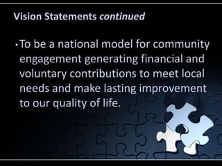 Vision Statements continued

• Tobe a national model for community
 engagement generating financial and
 voluntary contrib...