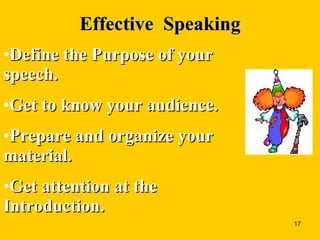 Effective  Speaking <ul><li>Define the Purpose of your speech. </li></ul><ul><li>Get to know your audience. </li></ul><ul>...