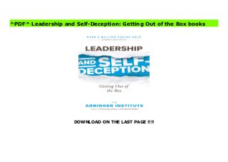 DOWNLOAD ON THE LAST PAGE !!!!
[#Download%] (Free Download) Leadership and Self-Deception: Getting Out of the Box books Since its original publication in 2000, Leadership and Self-Deception has become a word-of-mouth phenomenon. Its sales continue to increase year after year, and the book's popularity has gone global, with editions now available in over twenty languages.Leadership and Self-Deception shows how the problems that typically prevent superior performance in organizations and cause conflicts in our personal lives are the result of a little-known problem called self-deception. People who are in self-deception live and work as if trapped in a box. They can't see the reality around them--they're blind to the self-serving motivations that are sabotaging them on the job and at home. But there is a way out. Through an entertaining and engaging story, Leadership and Self-Deception shows what self-deception is, how it operates, the damage it does, and, most importantly, what can be done about it.This third edition includes new research about the self-deception gap in organizations and the keys to closing this gap so that people take responsibility for their own problems and for organizational problems. It also includes the first chapter from Arbinger's latest bestseller, The Outward Mindset.
^PDF^ Leadership and Self-Deception: Getting Out of the Box books
 