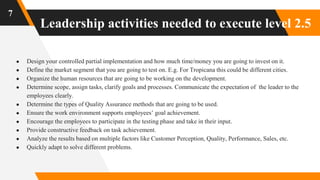 Leadership activities needed to execute level 2.5
7
● Design your controlled partial implementation and how much time/money you are going to invest on it.
● Define the market segment that you are going to test on. E.g. For Tropicana this could be different cities.
● Organize the human resources that are going to be working on the development.
● Determine scope, assign tasks, clarify goals and processes. Communicate the expectation of the leader to the
employees clearly.
● Determine the types of Quality Assurance methods that are going to be used.
● Ensure the work environment supports employees’ goal achievement.
● Encourage the employees to participate in the testing phase and take in their input.
● Provide constructive feedback on task achievement.
● Analyze the results based on multiple factors like Customer Perception, Quality, Performance, Sales, etc.
● Quickly adapt to solve different problems.
 