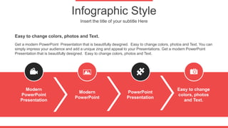 Infographic Style
Insert the title of your subtitle Here
Get a modern PowerPoint Presentation that is beautifully designed. Easy to change colors, photos and Text. You can
simply impress your audience and add a unique zing and appeal to your Presentations. Get a modern PowerPoint
Presentation that is beautifully designed. Easy to change colors, photos and Text.
Easy to change colors, photos and Text.
Modern
PowerPoint
Presentation
Modern
PowerPoint
PowerPoint
Presentation
Easy to change
colors, photos
and Text.
 
