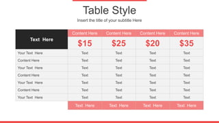 Table Style
Insert the title of your subtitle Here
Text Here
Content Here Content Here Content Here Content Here
$15 $25 $20 $35
Your Text Here Text Text Text Text
Content Here Text Text Text Text
Your Text Here Text Text Text Text
Content Here Text Text Text Text
Your Text Here Text Text Text Text
Content Here Text Text Text Text
Your Text Here Text Text Text Text
Text Here Text Here Text Here Text Here
 