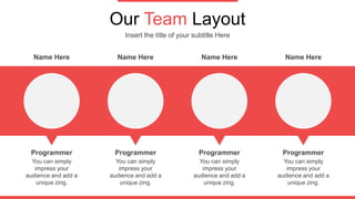 Our Team Layout
Insert the title of your subtitle Here
Programmer
You can simply
impress your
audience and add a
unique zing.
Name Here
Programmer
You can simply
impress your
audience and add a
unique zing.
Name Here
Programmer
You can simply
impress your
audience and add a
unique zing.
Name Here
Programmer
You can simply
impress your
audience and add a
unique zing.
Name Here
 