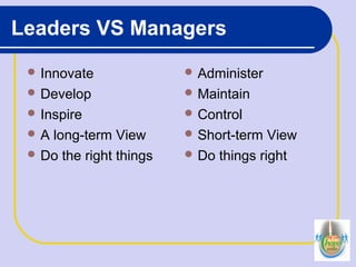 Leaders VS Managers
 Innovate
 Develop
 Inspire
 A long-term View
 Do the right things
 Administer
 Maintain
 Control
 Short-term View
 Do things right
 