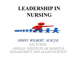 LEADERSHIP IN
NURSING
JOHNY WILBERT, M.SC[N]
LECTURER,
APOLLO INSTITUTE OF HOSPITAL
MANAGEMENT AND ALLIED SCIENCE
 