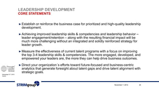 November 6-7, 2014 
ZurichLEADERSHIP DEVELOPMENTCORE STATEMENTS 
►Establishorreinforcethebusinesscaseforprioritizedandhigh-quality leadershipdevelopment. 
►Achievingimprovedleadershipskills& competenciesandleadershipbehavior– leaderengagement/retention–alongwiththeresultingfinancialimpactwill bemuchmorechallengingwithoutan integratedandsolidlyreinforcedstrategyforleadergrowth. 
►Measuretheeffectivenessofcurrenttalentprogramswitha focuson improvingthetop 3-4 leadershipskills& competencies. The moreengaged, developed, andempoweredyourleadersare, themoretheycanhelpdrivebusinessoutcomes. 
►Directyourorganization´seffortstowardfuture-focusedandbusiness-centricanalyticsthatgenerateforesightabouttalentgapsanddrivetalentalignmentwithstrategicgoals. 
November 7, 2014 20 
 