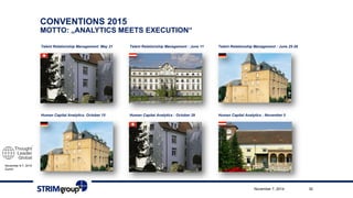 November 6-7, 2014 
ZurichCONVENTIONS2015MOTTO: „ANALYTICS MEETSEXECUTION“ 
Talent Relationship Management: May 21 
Human Capital Analytics: October15 
Talent Relationship Management : June 11 
Human Capital Analytics : October29 
Talent Relationship Management : June 25-26 
Human Capital Analytics : November 5 
November 7, 2014 30 
 
