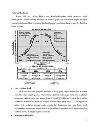 11
Follower Readiness
Esensi dari teori situasi Hersey dan Blanchardditujukan untuk pemimpin untuk
mendiagnosa kesiapan seorang pengikut dan memilih gaya yang sesuaiuntuk tingkat kesiapan,
seperti tingkat pendidikan si pengikut dan keahliannya, pengalaman, kepercayaan diri dan sikap
dalam bekerja.
 Low readiness level
Ketika satu atau lebih pengikut menunjukan sikap yang sangat rendah pada kesiapan,
pemimpin arus sangat spesifik, “memberitau” penikut tentang apa yang arus dilakukan,
bagaimana melakukannya, dan kapan. Sebagai contoh, Phil Hagans pemilik dua franchise
McDonald memberikan pekerjaan dengan mendahulukan yang muda. Dia menggunakan
telling style berkaitan dengan segala sesuatu dari bagaimana cara yang benar untuk
membersikan panggangan, memberikan pekerja muda arah yang kuat untuk mengembangkan
keahlian mereka dan kepercayaan diri mereka.
 Moderate readiness level
 