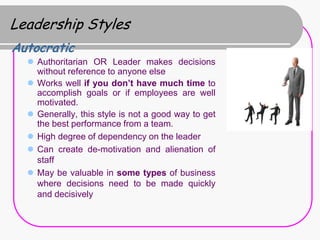 Leadership Styles
Autocratic
   Authoritarian OR Leader makes decisions
    without reference to anyone else
   Works we...